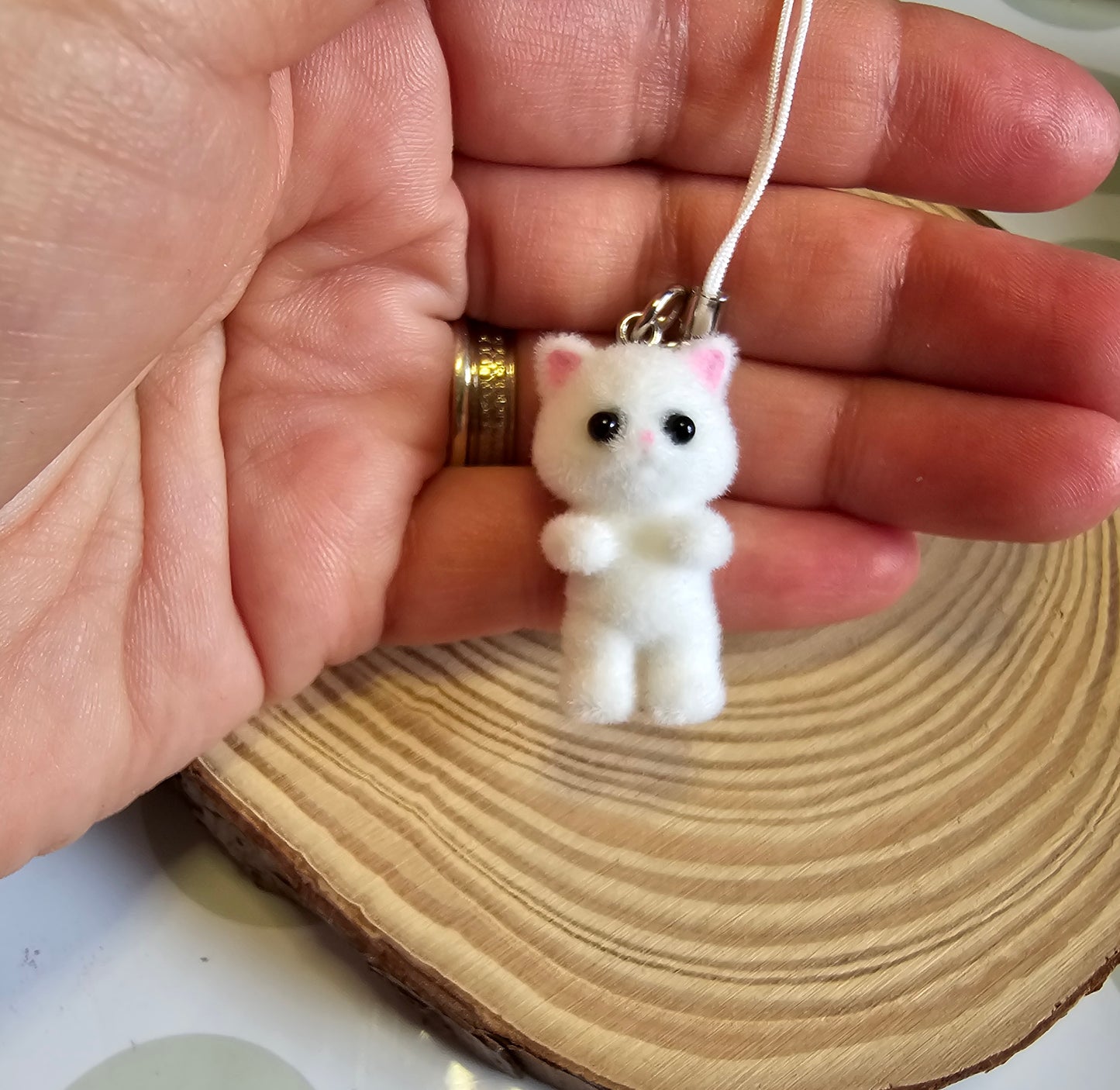 Cute fuzzy white cat phone charms