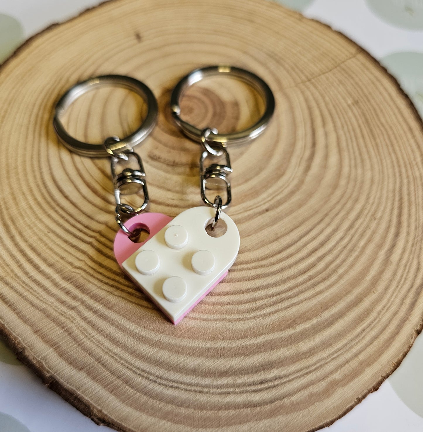 Pink & white couple heart key rings