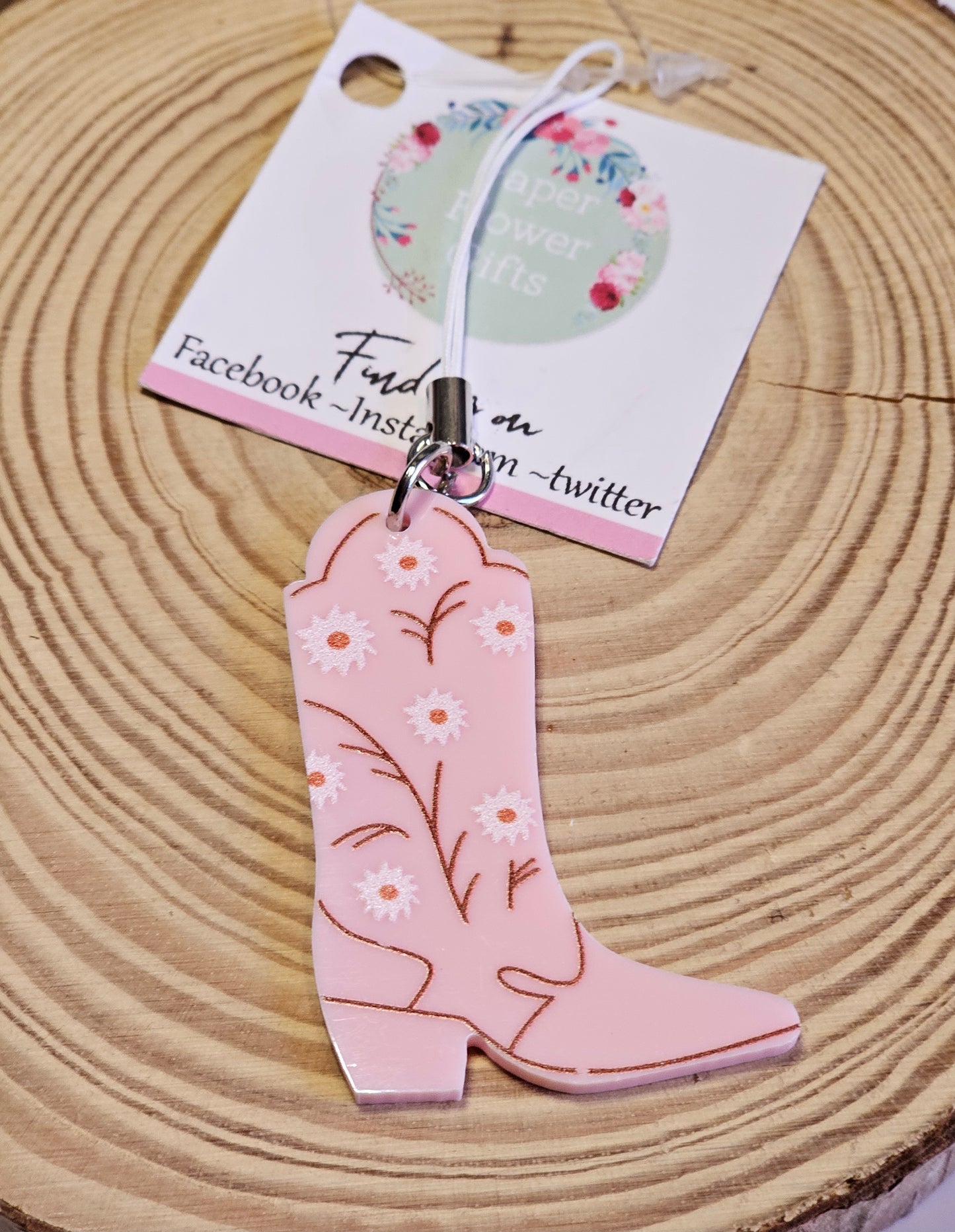Pink floral cowgirl boot phone charms