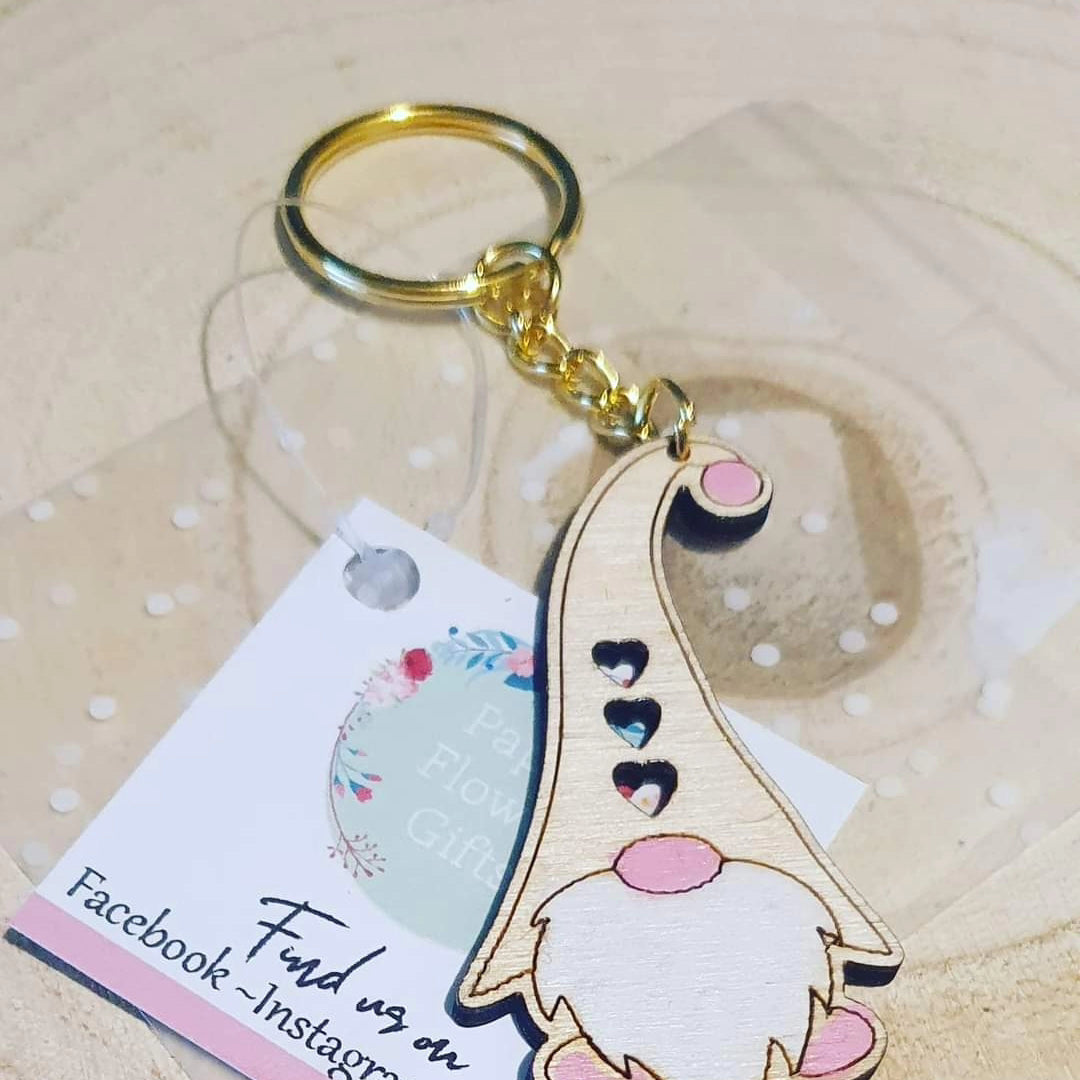 Wooden gonk key rings heart pink