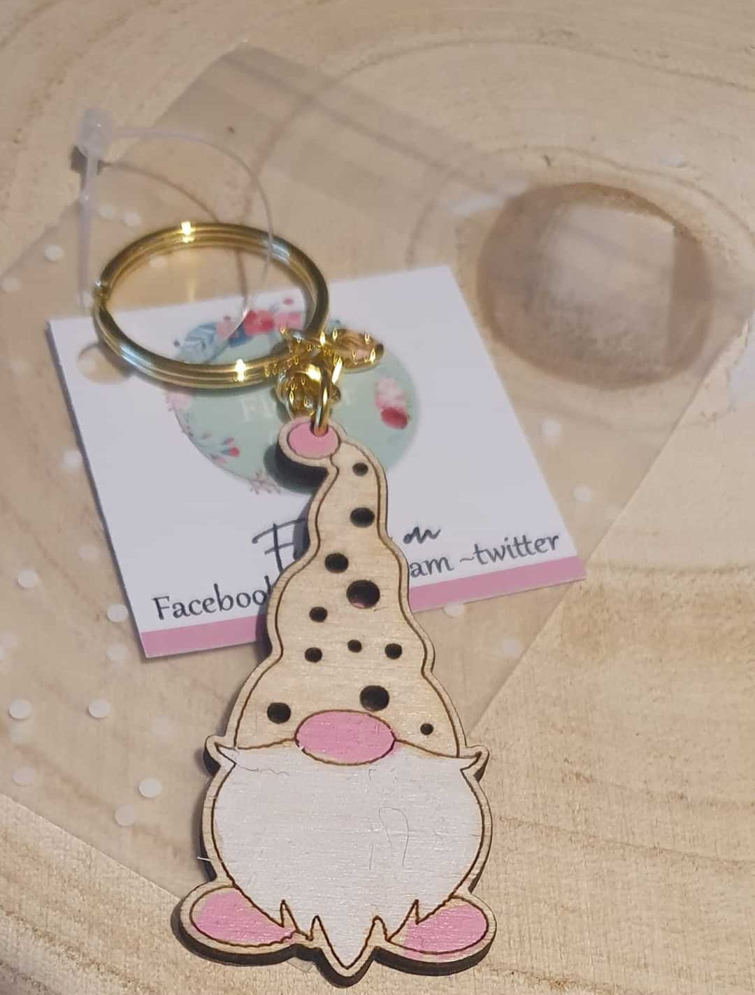 Pink dot wooden gonk key rings