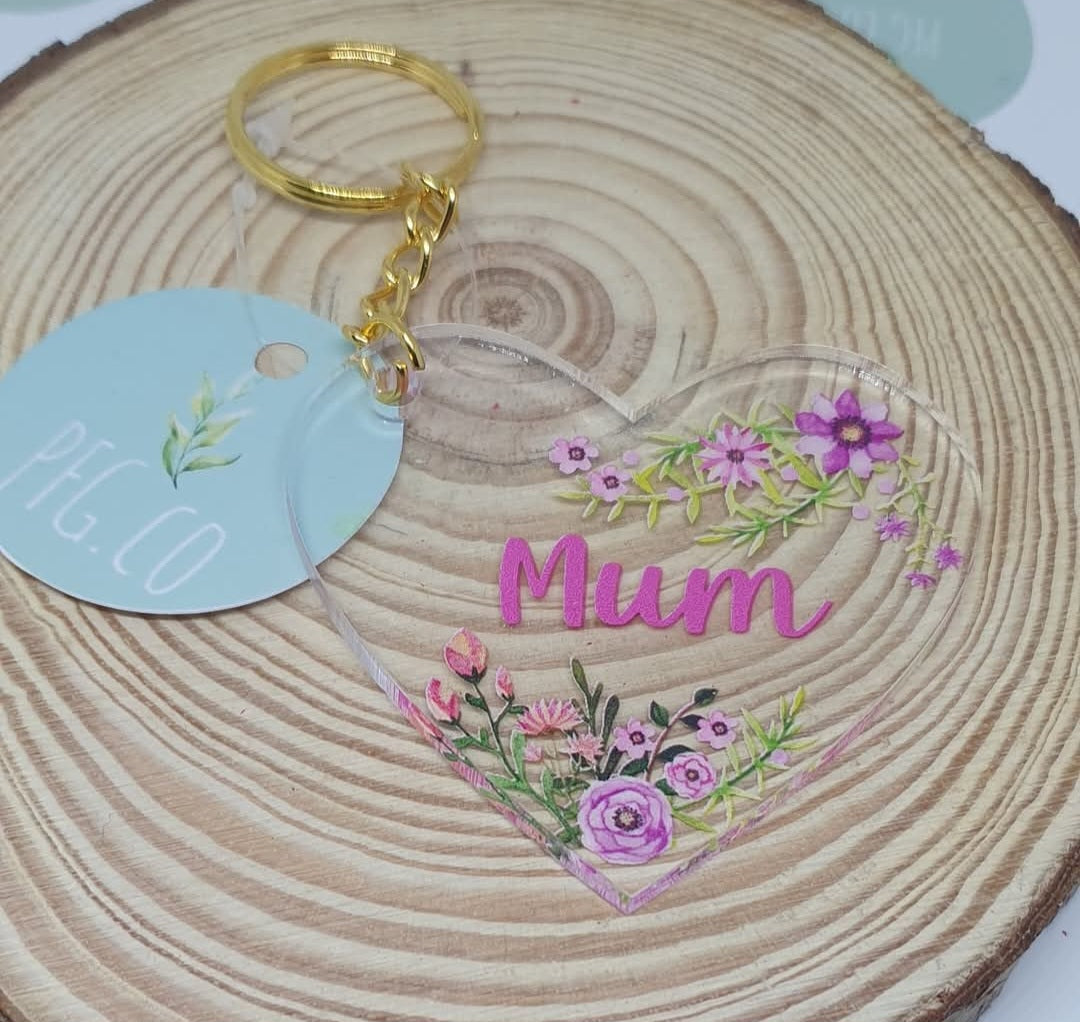 Gorgeous acrylic floral mum heart key rings