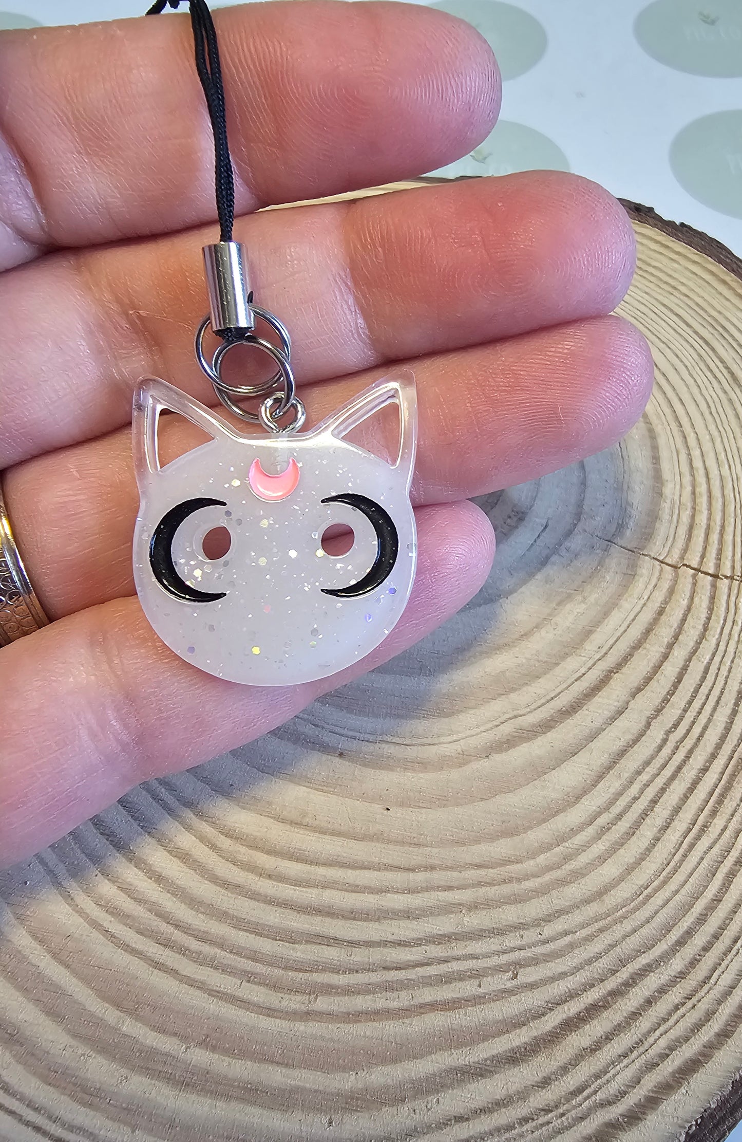 White glitter cat phone charms