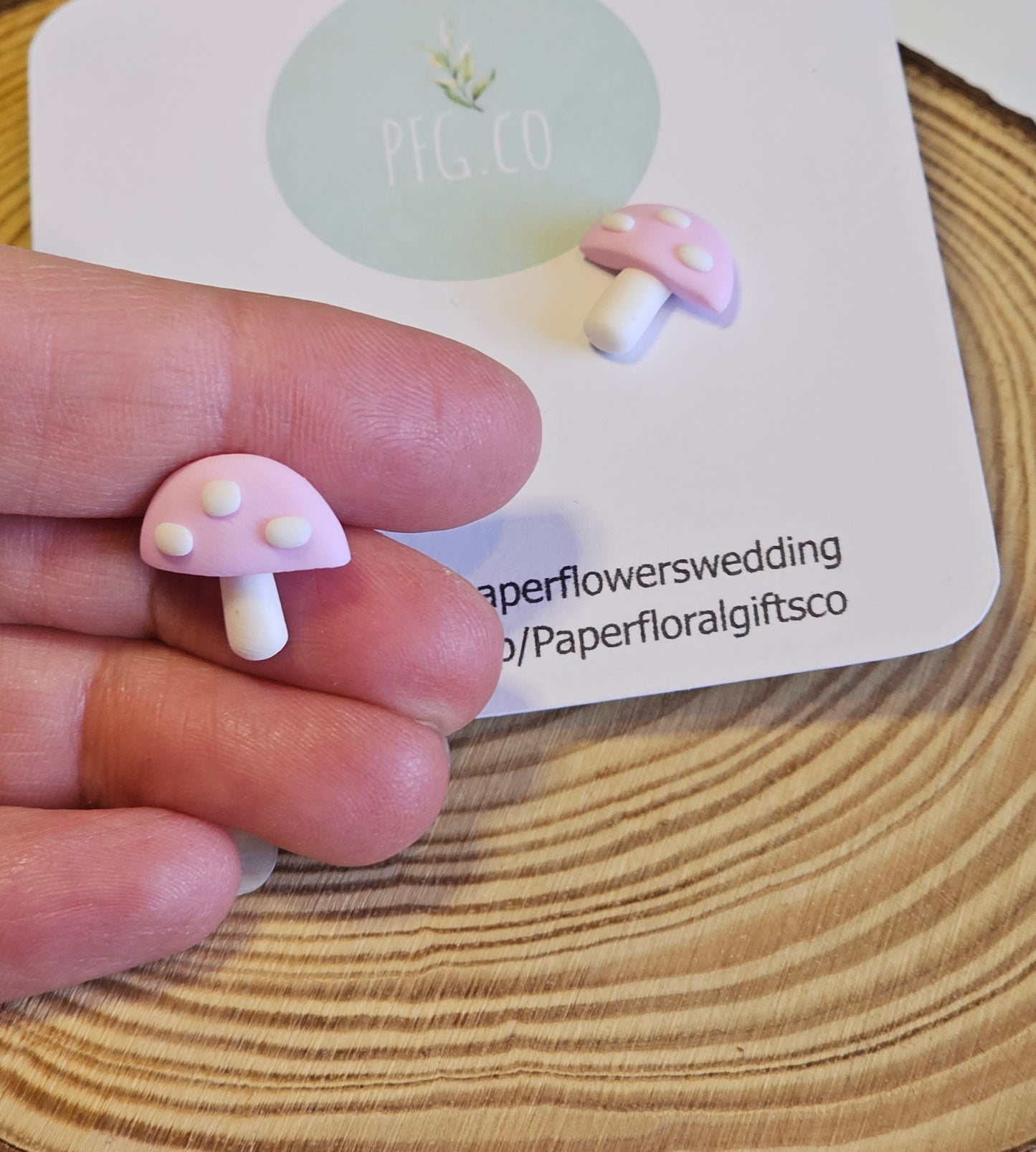 Pink & white toadstool stud earrings